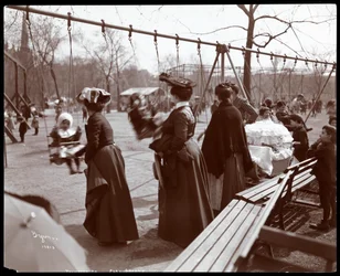 Zicht op een vrouw die kinderen op de schommels duwt in Tompkins Square Park, op Arbor Day, New York, 1904